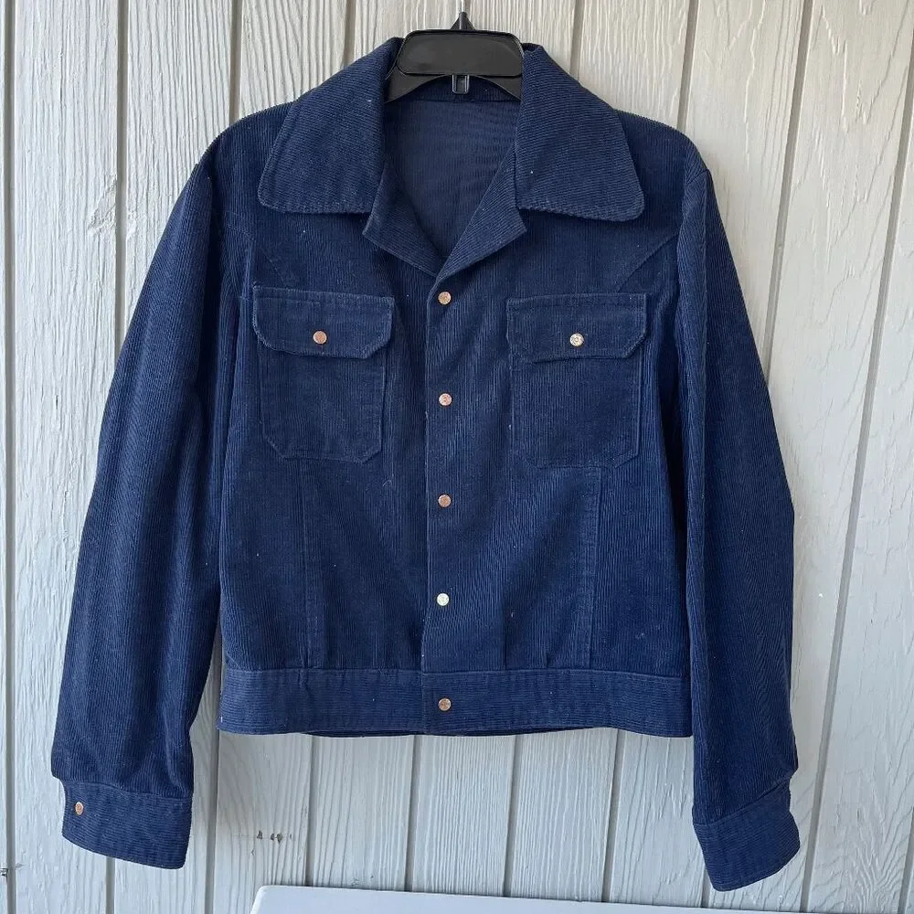 VTG 70s West Cal Cord Trucker Jacket Navy Snap Workwear Ranchwear